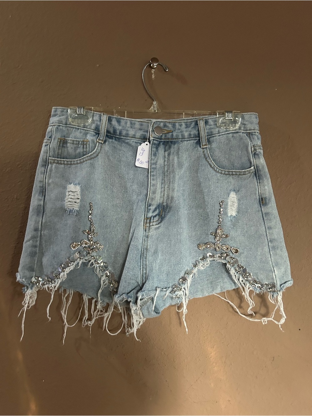 Embellished Denim Cutoff Shorts - Light Blue